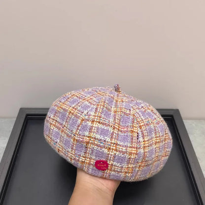 Autumn And Winter Color Plaid Korean Women Beret Cap