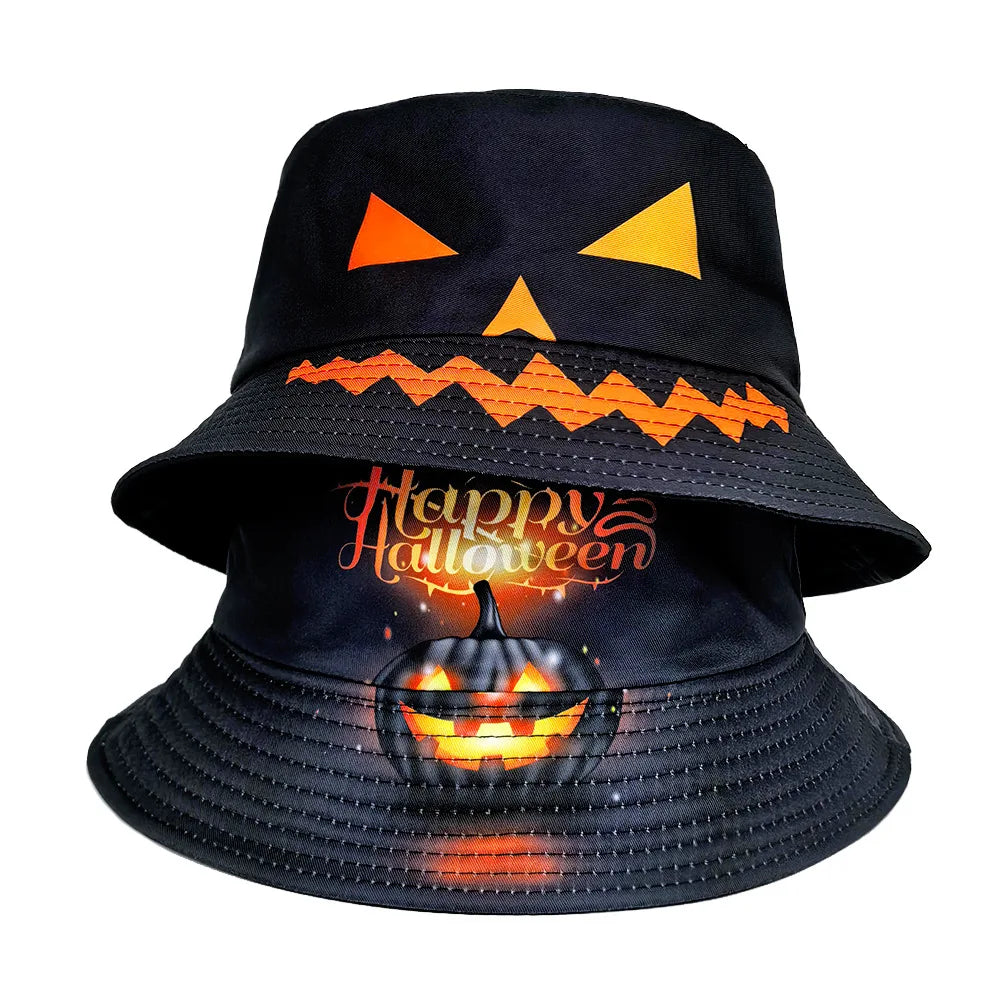 Halloween Decoration Bucket Hat Black Orange Pumpkin Jack O Lantern Fisherman Cap Spooky Party Cosplay Panama Hat