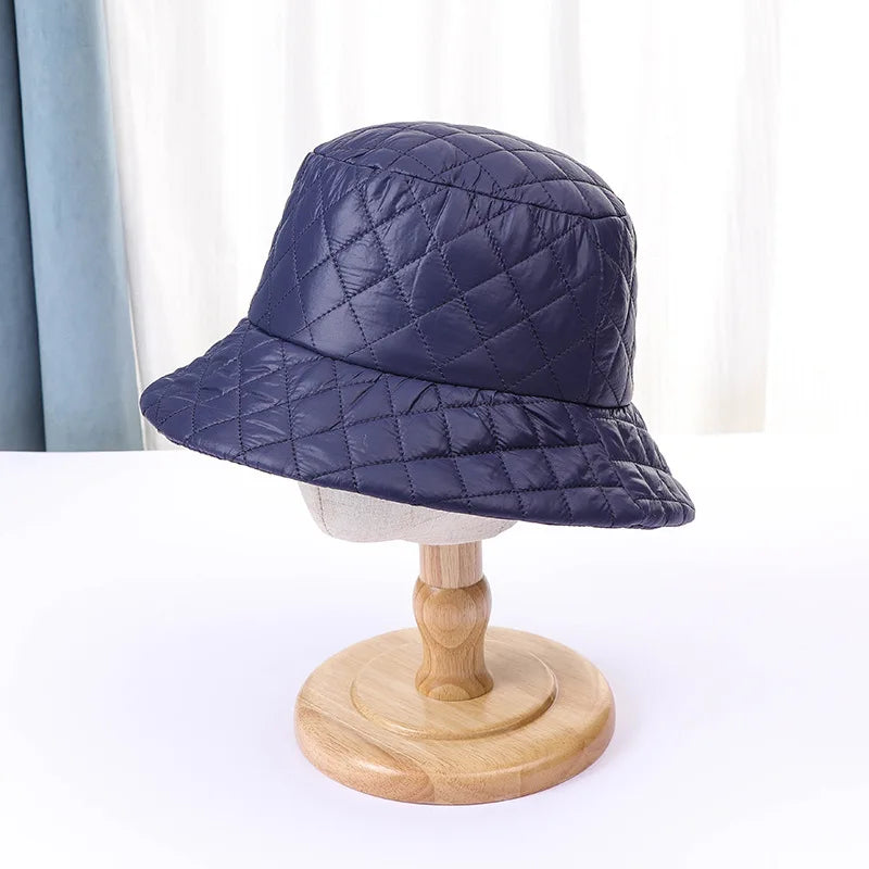 Winter New Ultra Light Down Cotton Rhombus Fisherman Hat  Cap Cotton Jacket Warm Korean Casual y2k Pot Hat