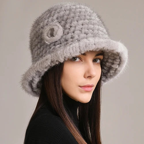 Woman Hat Winter Solid Mink Caps With Flower Natural Mink Fur Hats