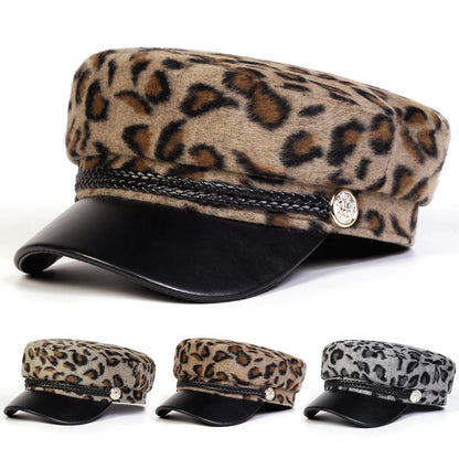Unisex Plush Leopard Print Navy Cap Autumn Winter Sailor Hats Beret Hat