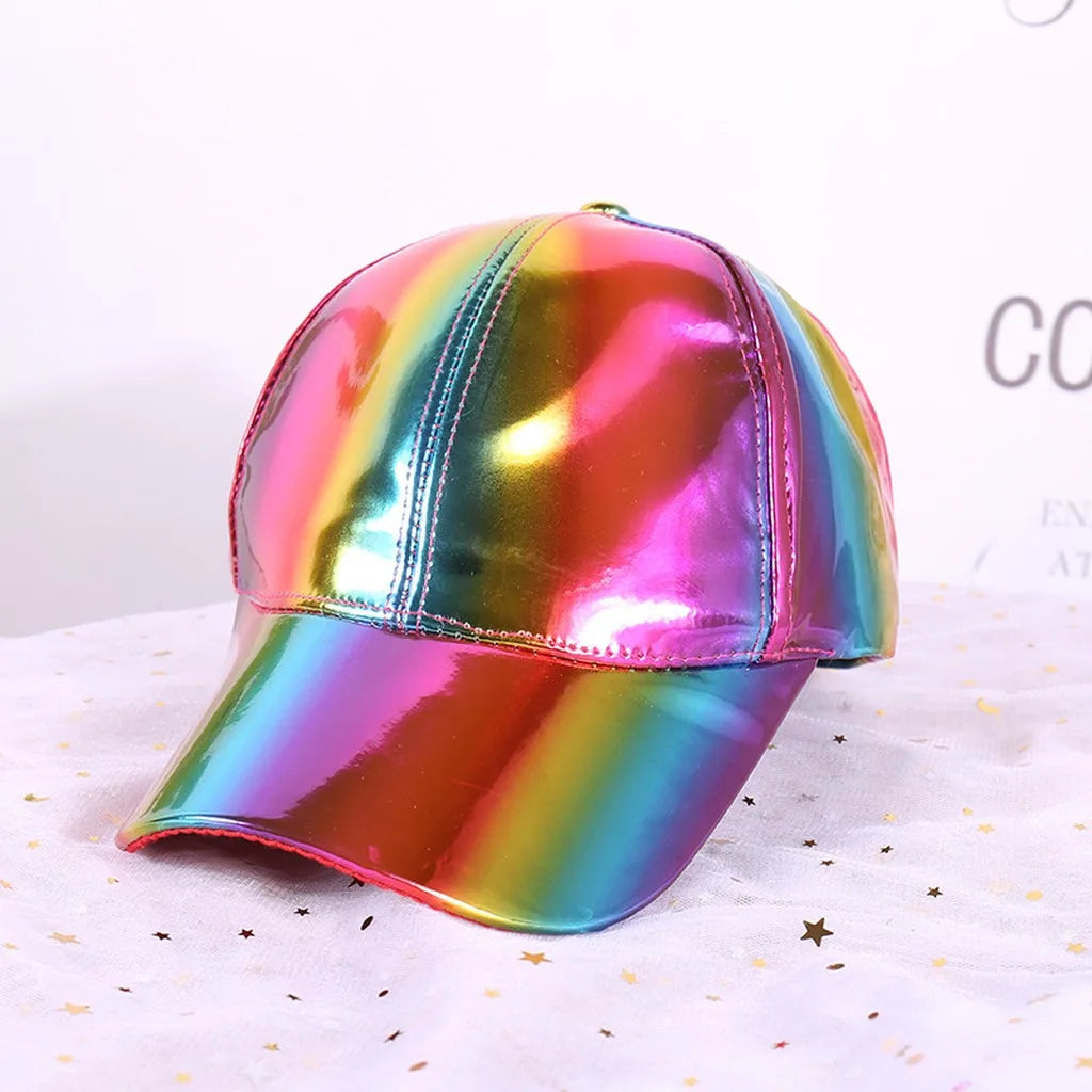 Adjustable Shiny Hat Breathable Holographic Pu Leather Baseball Cap