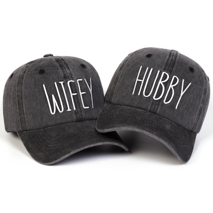 Unisex Hubby Wifey Letter Embroidery Washed Baseball Cap Spring Autumn