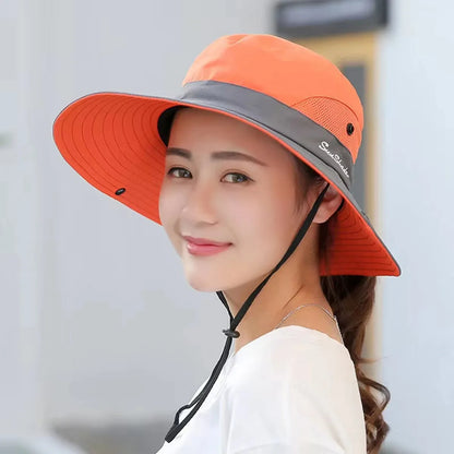 Women Large Brim With Leaking Ponytail Quick Drying Bucket Hats