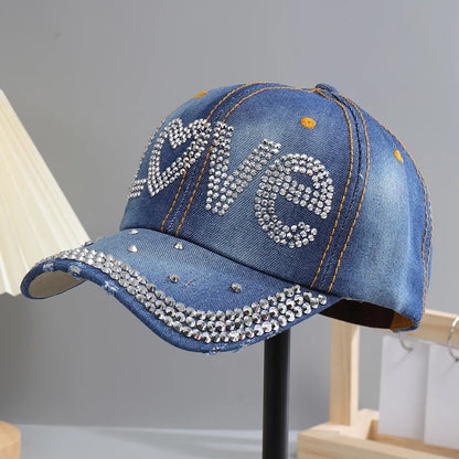 A Women’s Sparkle Bling Rhinestone Bejeweled Cotton Denim Baseball Cap