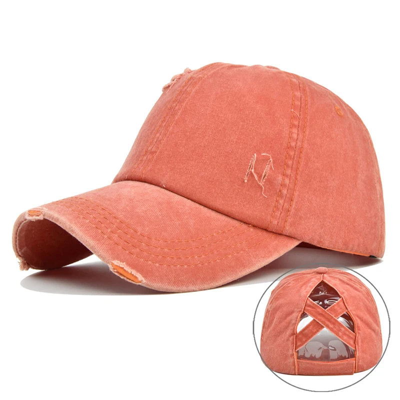 Vintage Washed Distressed Baseball Cap, Criss Cross Ponytail Hat