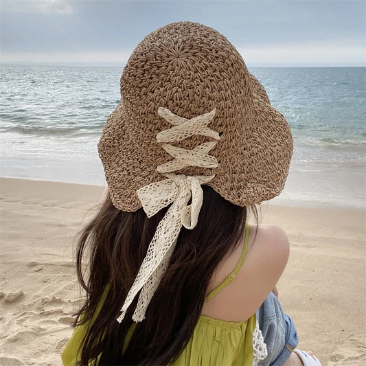 Straw Hat Women's Lace Bow Hollow Crochet Cap