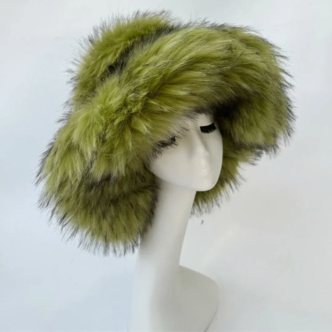 Luxury Fluffy Women Faux Fur Bucket Hats Oversized 17cm Wide Brim
