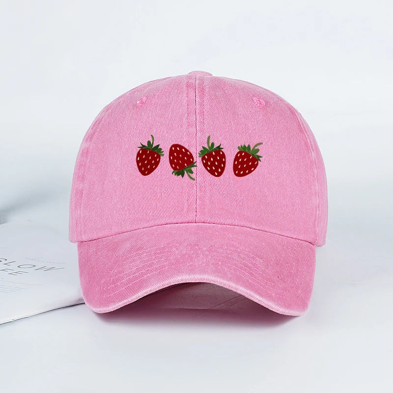 Strawberry Print Washed Baseball Cap Lightweight Breathable Adjustable Unisex Summer Casual Hat Sun Hat
