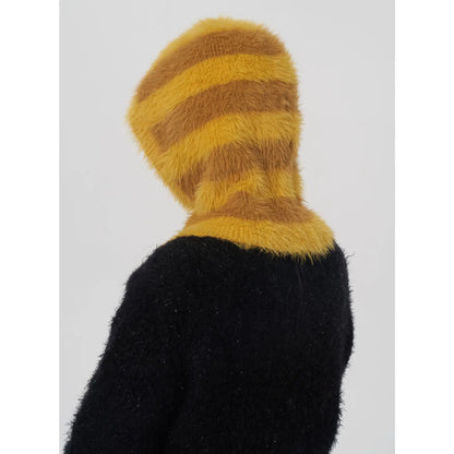 One-Piece Knit Balaclavas Stripes Imitation Mink Velvet Hats Scarf Hat