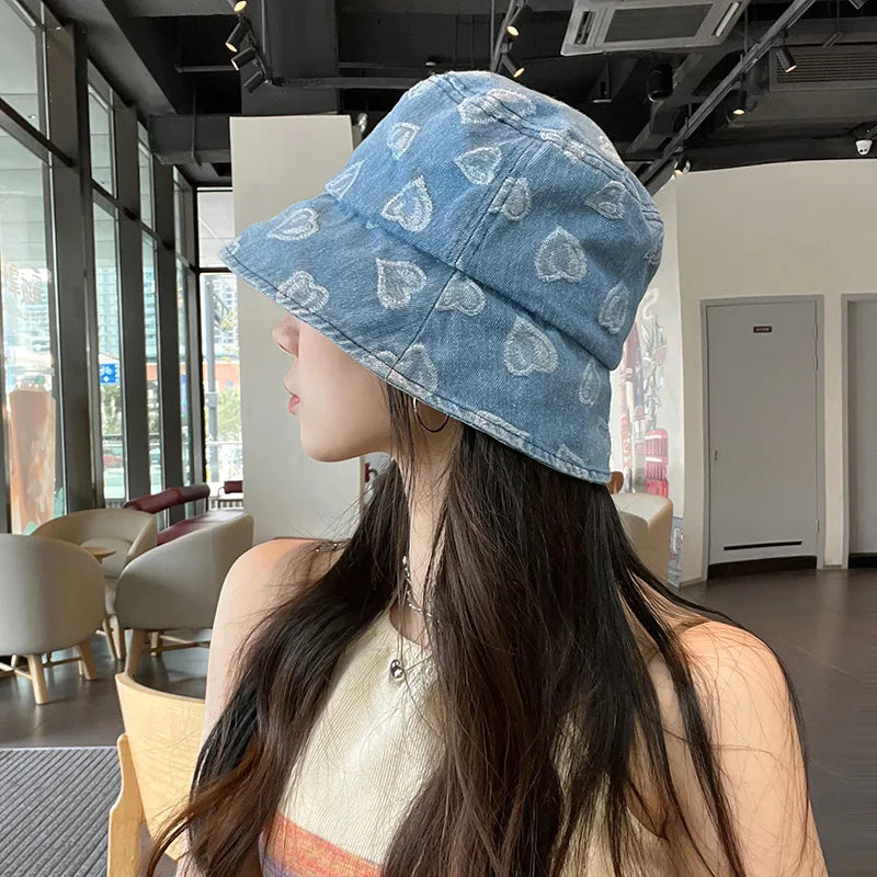 Love Heart Print Denim Bucket Hats for Women