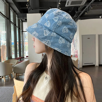 Love Heart Print Denim Bucket Hats for Women
