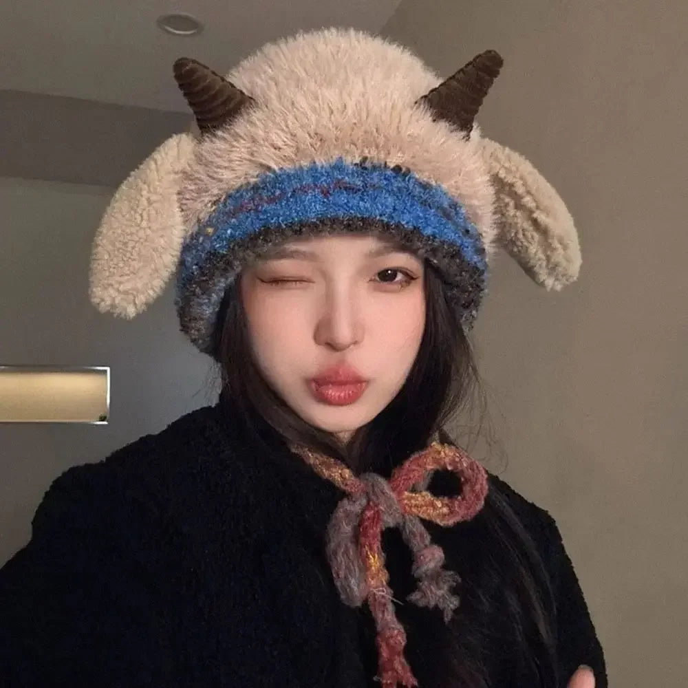 Cute Thick Plush Knitted Hat Girls Winter Warm Ear Protection Beanies Hat