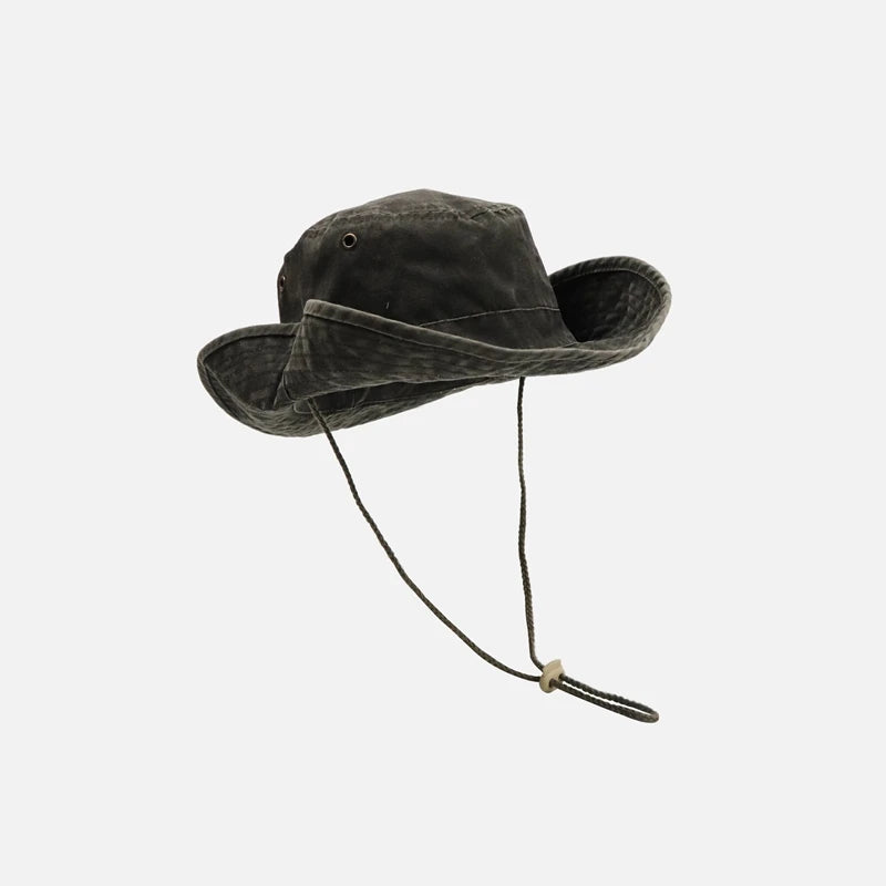 Retro Black Drawstring Fisherman Climbing Hats Stylish Wide Brim Cotton Caps