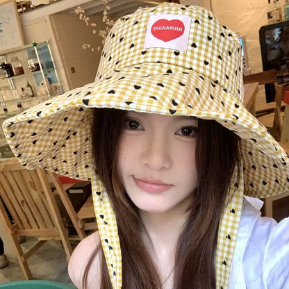 Women Summer Fisherman Hat Fashion Plaid Wide Brim Bucket Hats