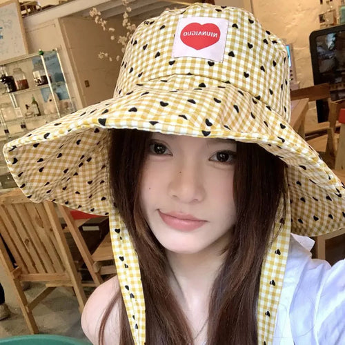 Women Summer Fisherman Hat Fashion Plaid Wide Brim Bucket Hats
