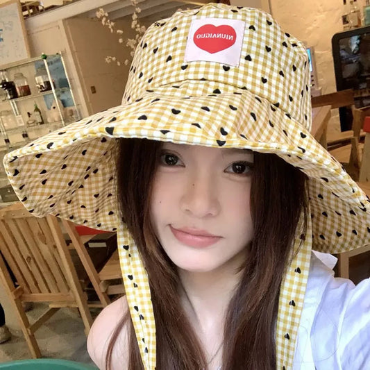 Women Summer Fisherman Hat Fashion Plaid Wide Brim Bucket Hats