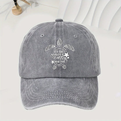 Turtle Print Baseball Cap With Retro Washed Style, Adjustable Unisex