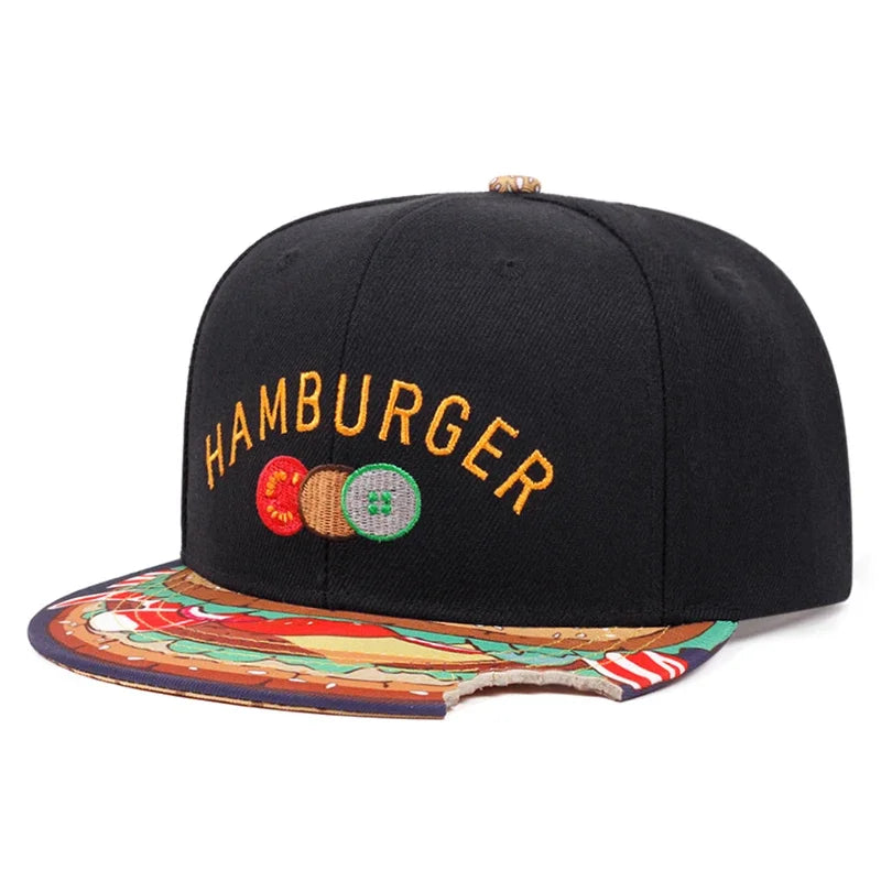 New Flat Edge Hat Burger Embroidered Printed Baseball Hat Outdoor Daily Sunshade Hat Unisex Hip Hop Hat