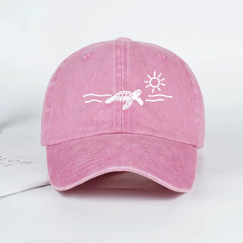 Vintage Washed Baseball Cap with Turtle, Sun, and Wave Print