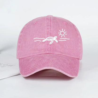 Vintage Washed Baseball Cap with Turtle, Sun, and Wave Print