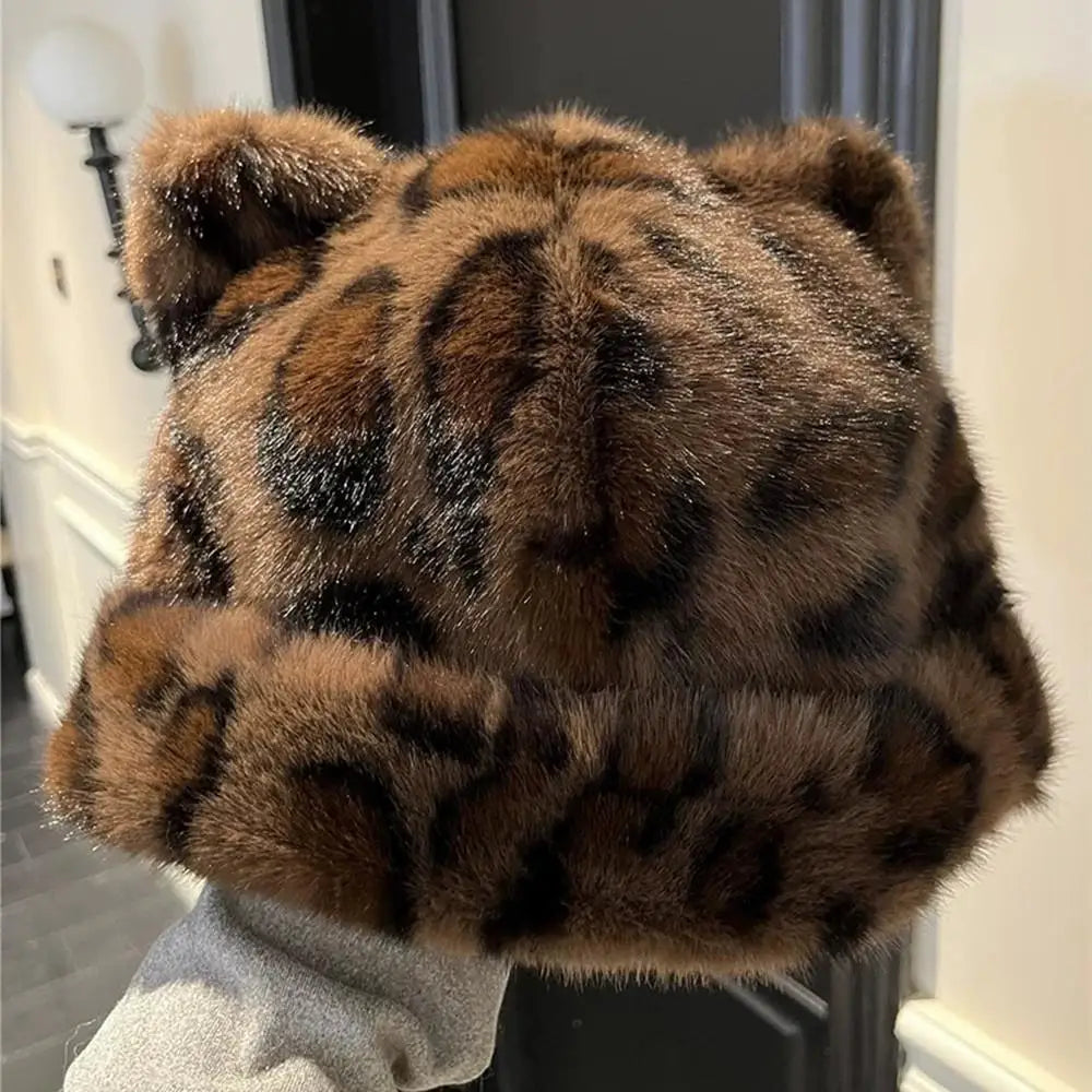 Leopard Print Fur Plush Beanie Teddy Bear Hat