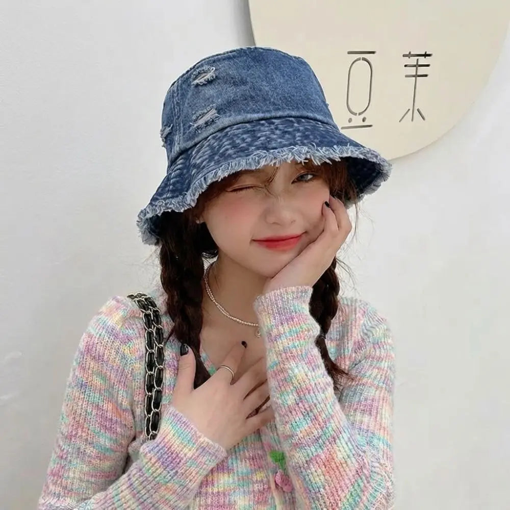 Fashion Washed Denim Bucket Hats Wide Brim Tassel Edge