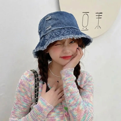 Fashion Washed Denim Bucket Hats Wide Brim Tassel Edge