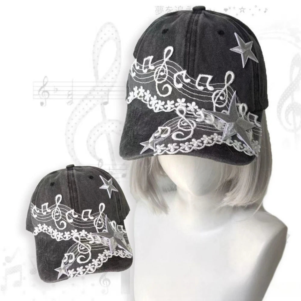 Y2K Musical Note Star Embroidery Lace Baseball Caps