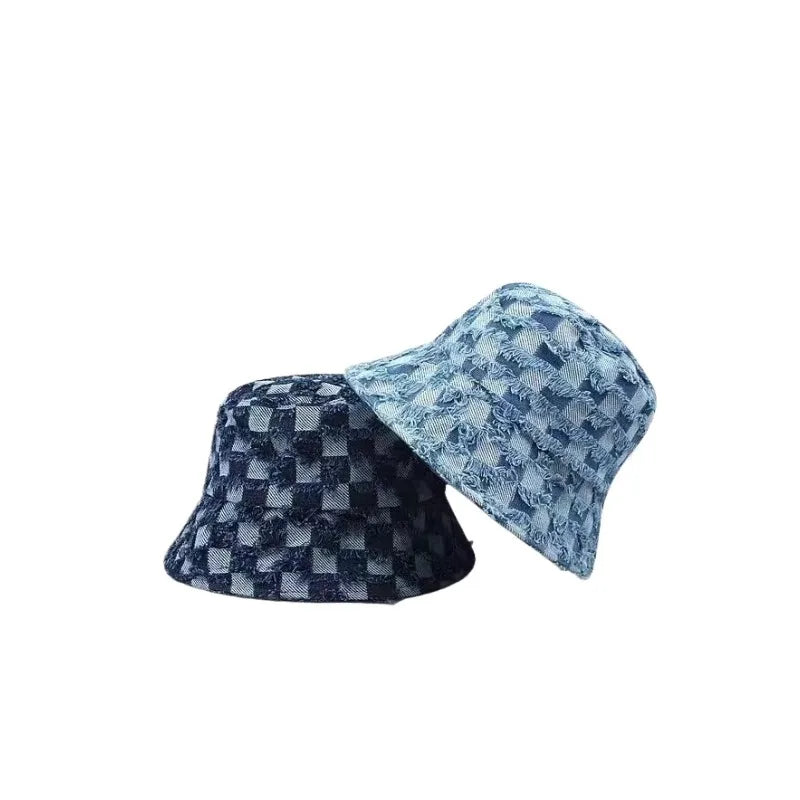 New Korean Style Denim Blue Plaid Bucket Hat