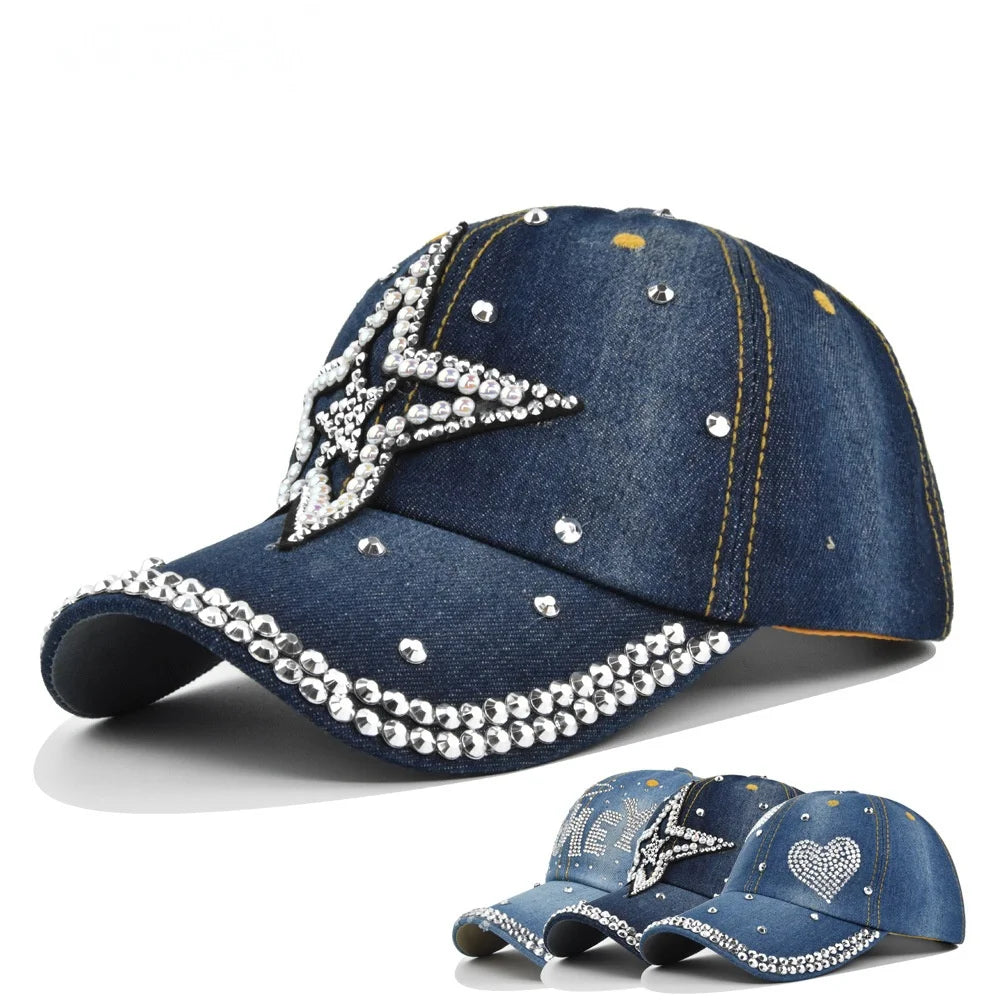 Denim Fabric Cap With Rhinestones Hip-Hop Hat