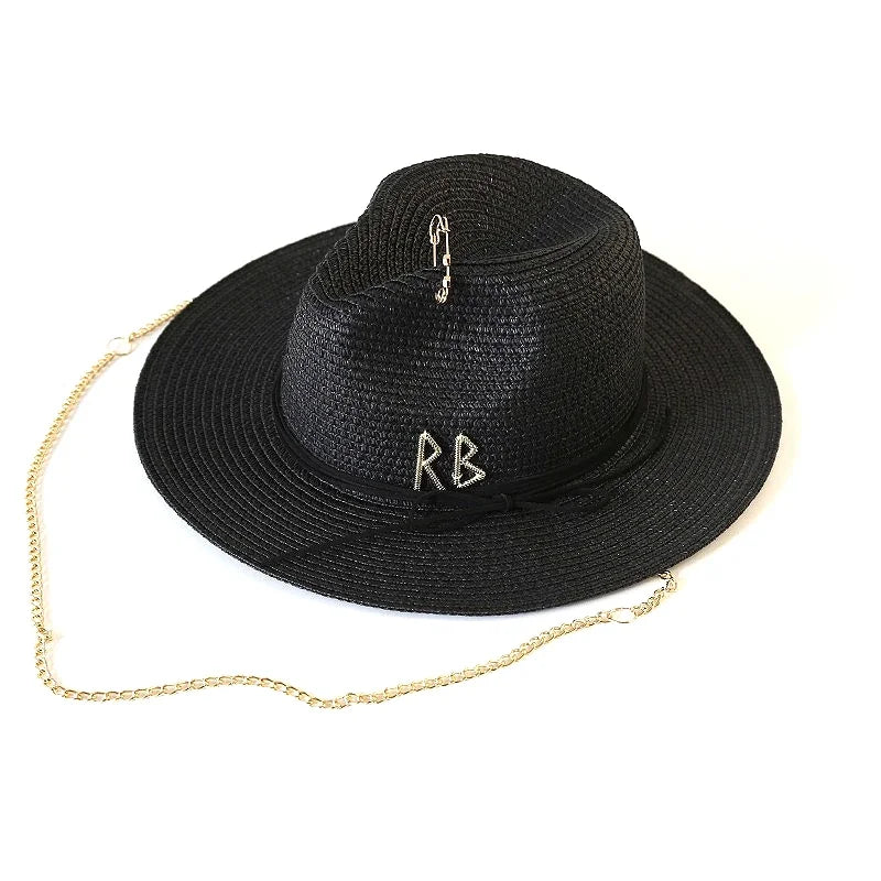 Fashionable Metal RB Letter Straw Sun Hats