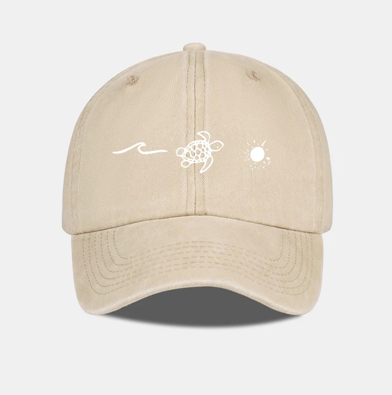 Retro Washed Baseball Cap With Wave Turtle and Sun Print Unisex Adjustable Dad Cap Summer Beach Sun Hat