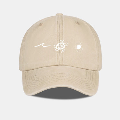 Retro Washed Baseball Cap With Wave Turtle and Sun Print Unisex Adjustable Dad Cap Summer Beach Sun Hat