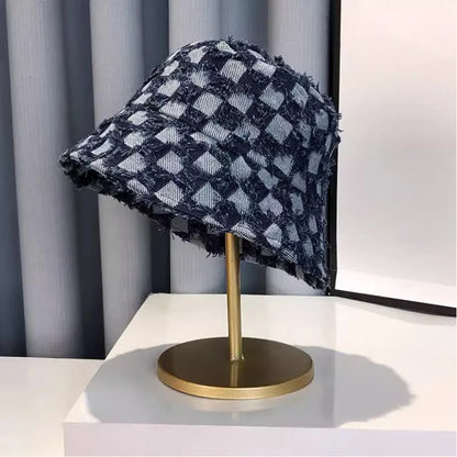 Hairy Checkered Denim Hat for Female Niche