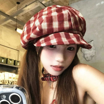 Korean Retro Contrasting Color Plaid Berets Cap Y2K