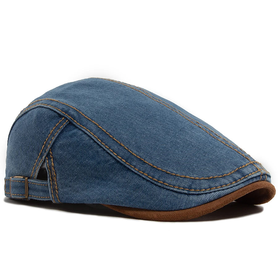 New Patchwork Brown Brim Denim Flat Hat Retro Men And Women