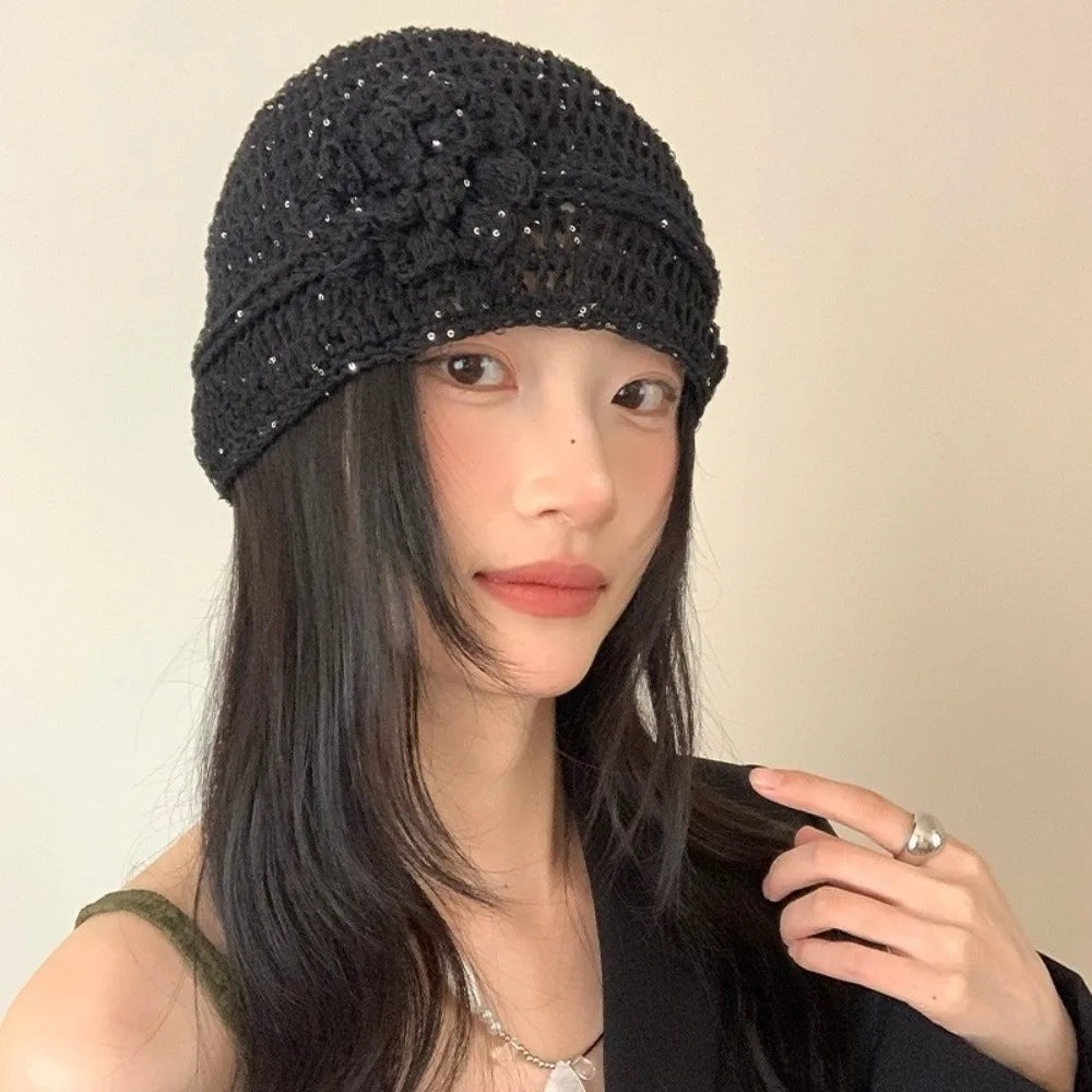 Y2k Style Flower Knitted Caps Hand-Woven Hollow Beanies Cap