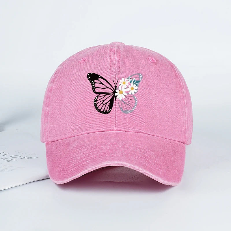 Butterfly and Daisy Print Washed Baseball Cap