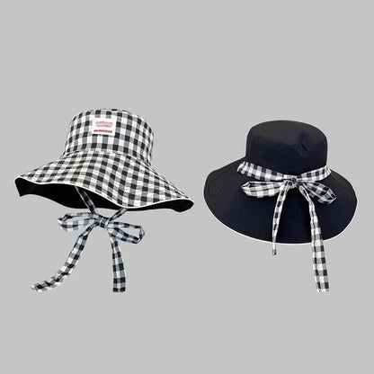 Double-Sided Plaid Wide Edged Lace-Up Bucket Hat