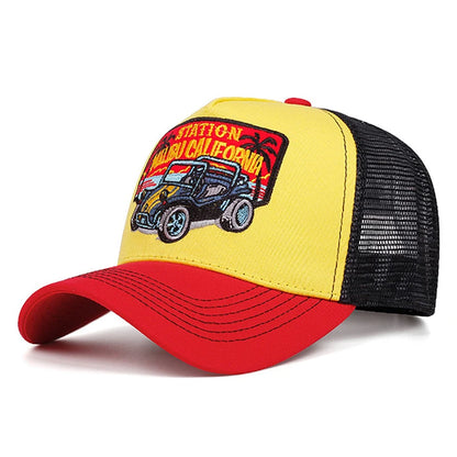 Creative Personalized Mesh Hat Coconut Tree Retro Convertible Car Embroidery Baseball Hat