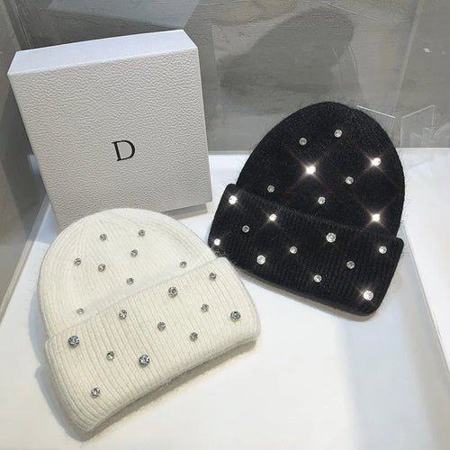 Luxury Rhinestone Beads Knitted Hat Korean Women