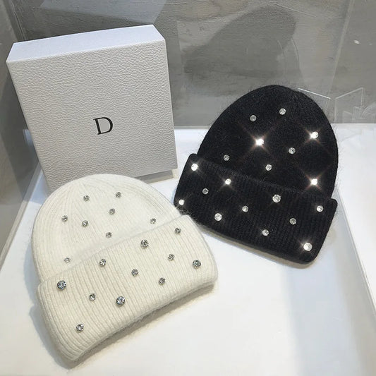 Luxury Rhinestone Beads Knitted Hat Korean Women