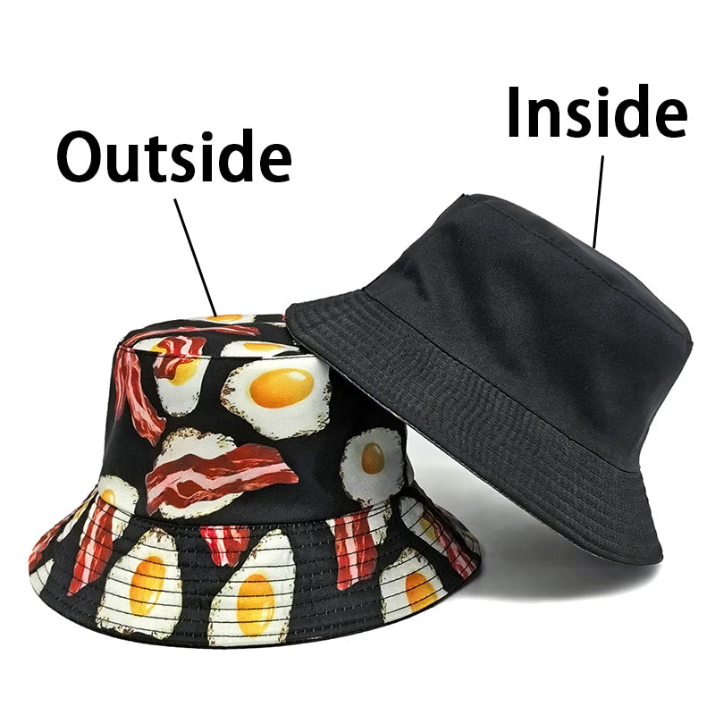 Cartoon Pattern Bucket Hat Eggs Bacon Printing Fisherman Hats Foods Double Sides