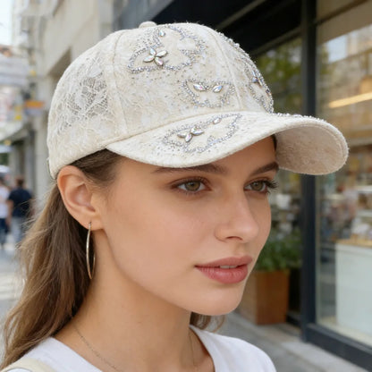 Luxurious Butterfly Rhinestone Lace Baseball Cap