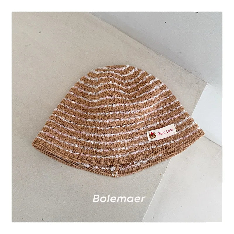 Children's Bucket Hat With Label Summer Korean Striped Thin Hollow Fisherman's Hat