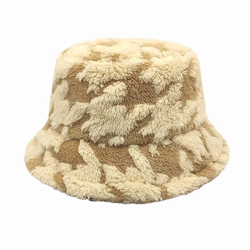 1pc Winter Lamb Wool Striped Bucket Hat