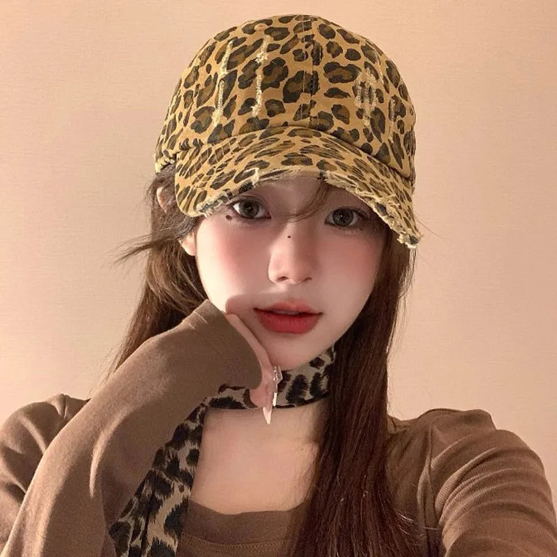 Women Leopard Baseball Cap Vintage Hip Hop Holes Snapback Duckbill Hats