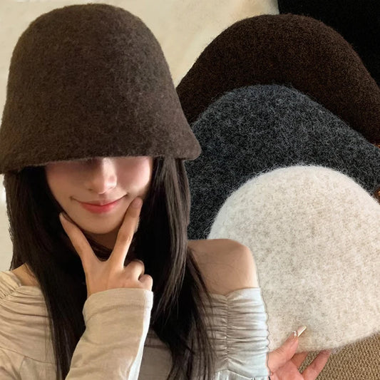 Retro Dome Wool Felt Bucket Hat Women Autumn Winter
