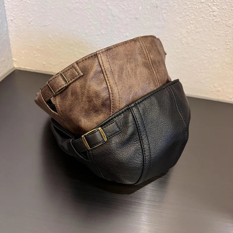 American Retro Leather Plain Baker Boy Hat For Women Autumn Winter Unisex Beret